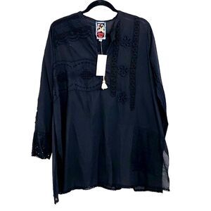 Johnny Was Kit Patchwork black floral eyelet peasant top tunic Sz XS